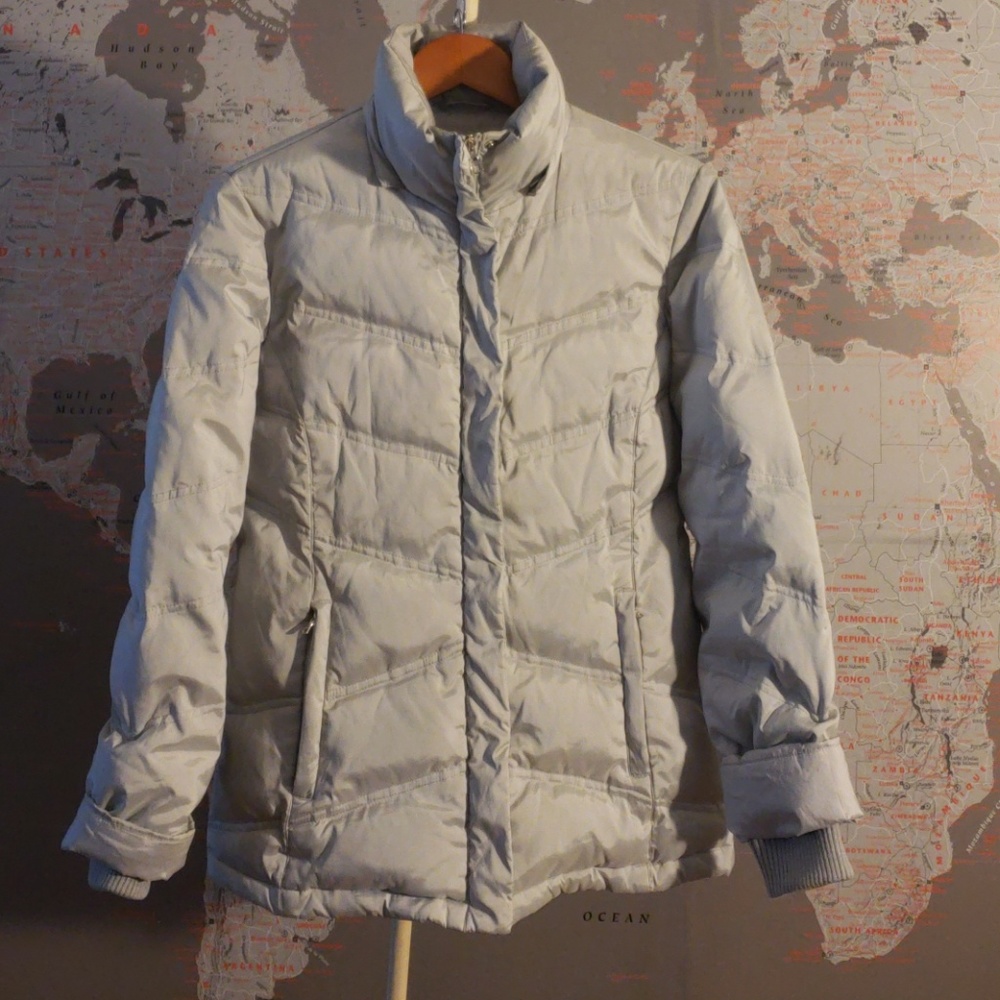 Silver Down & Feather Puffer Jacket Coat Small